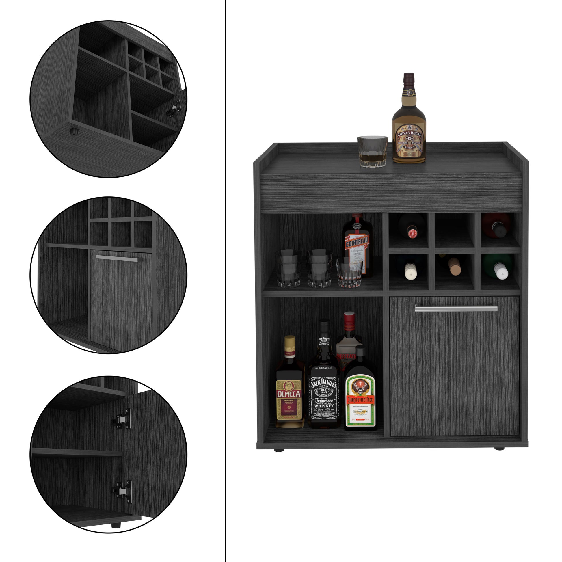 Bar Cabinet Dext, Two Concealed Shelves, Six Wine Cubbies, Light Gray Finish Light Gray Particle Board