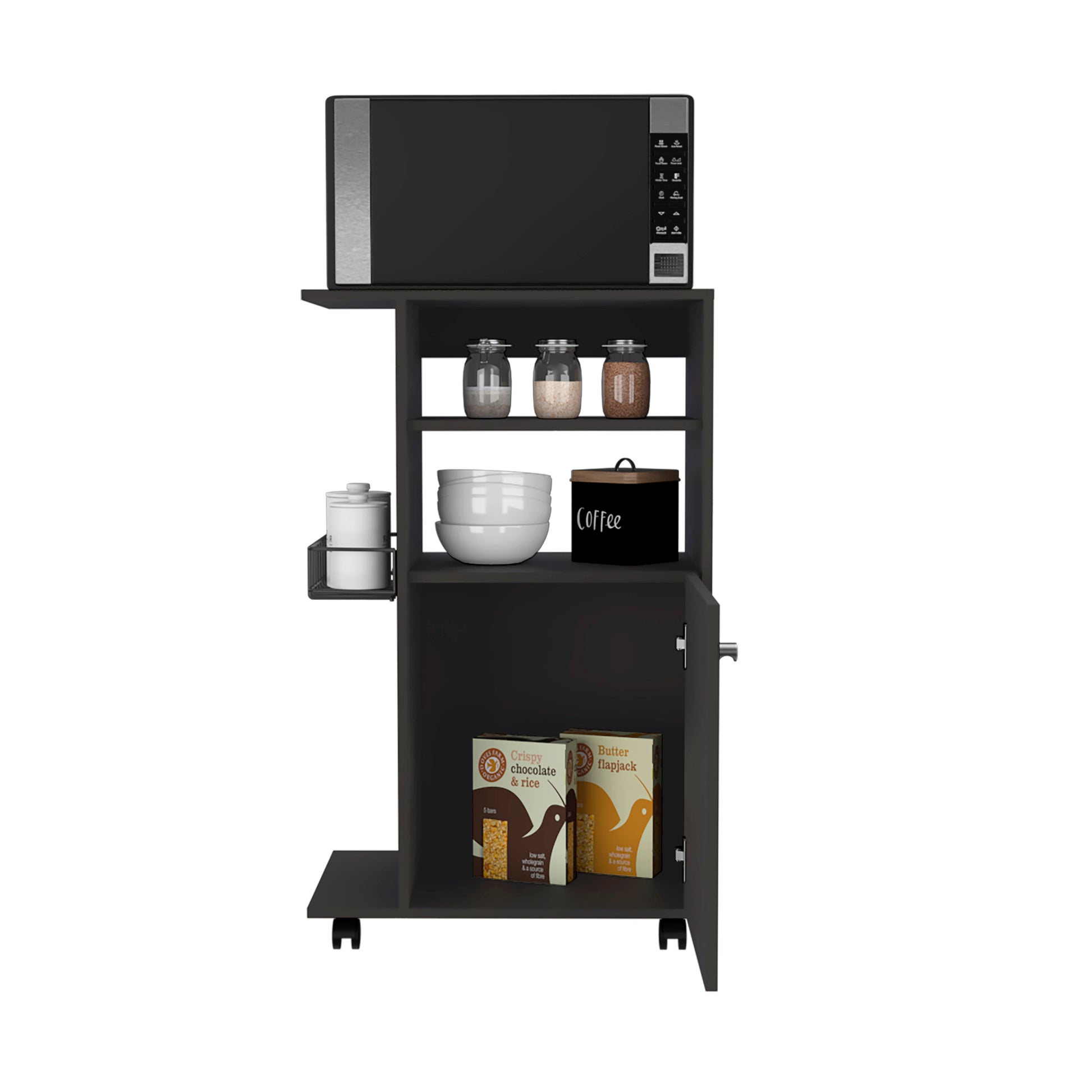 Kitchen Cart Kryot, Single Door Cabinet, Four Casters, Black Wengue Finish Black Particle Board