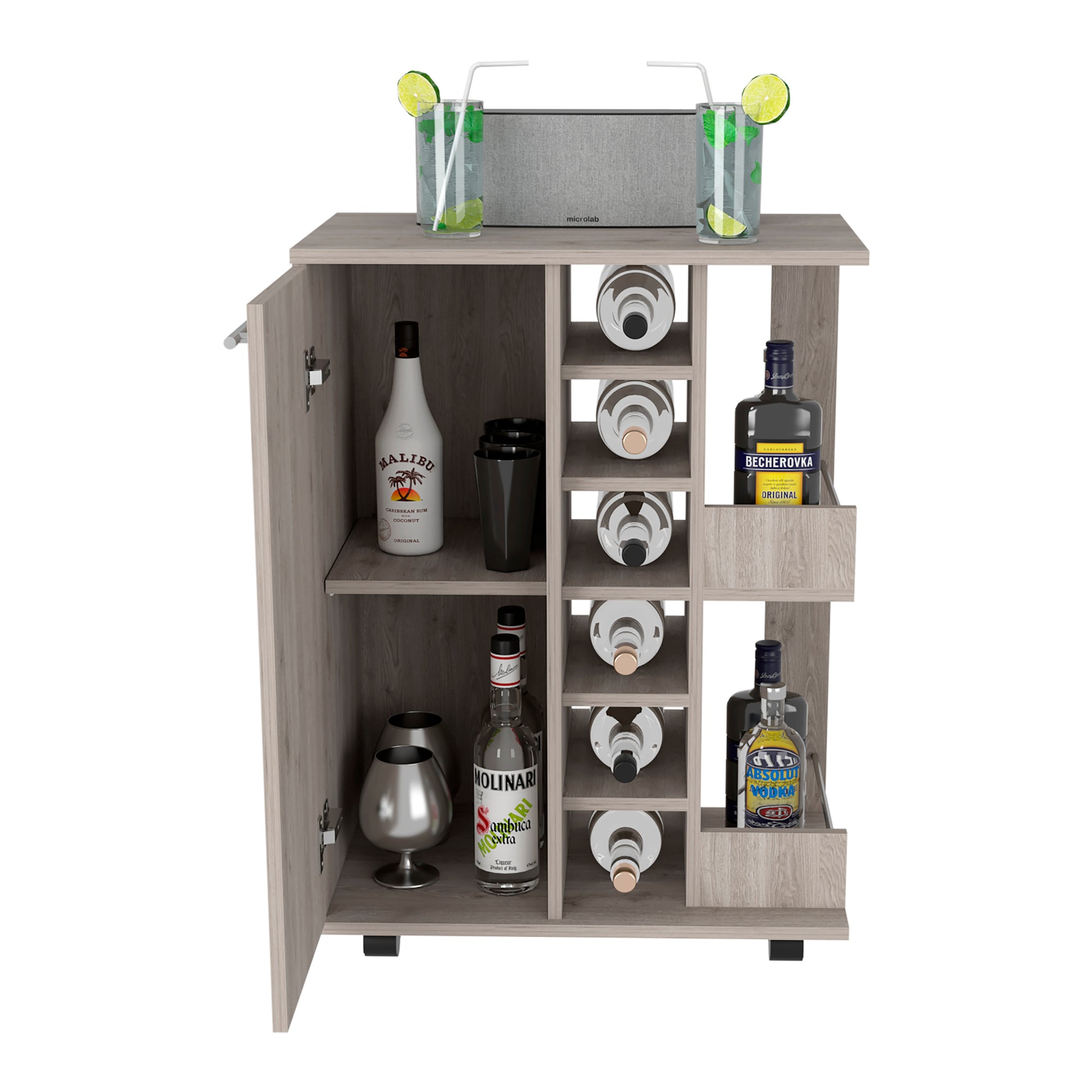 Bar Cart Wells, Four Casters, Light Gray Finish Light Gray Particle Board