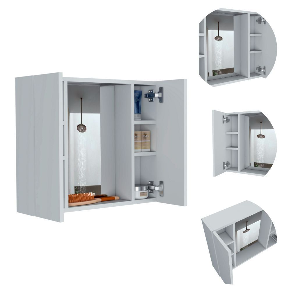 Medicine Cabinet Hops, Double Door, Mirror, One External Shelf, White Finish White Particle Board