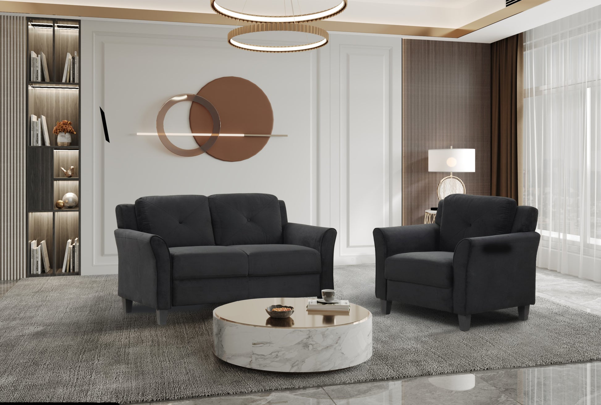 Fashionable Living Room Sofa With Double Seats, Black Fabric Antique Black Brown Velvet Wood Primary Living Space Soft Heavy Duty American Traditional Rubberwood Memory Foam And Polyurethane Foam Polyester 2 Seat