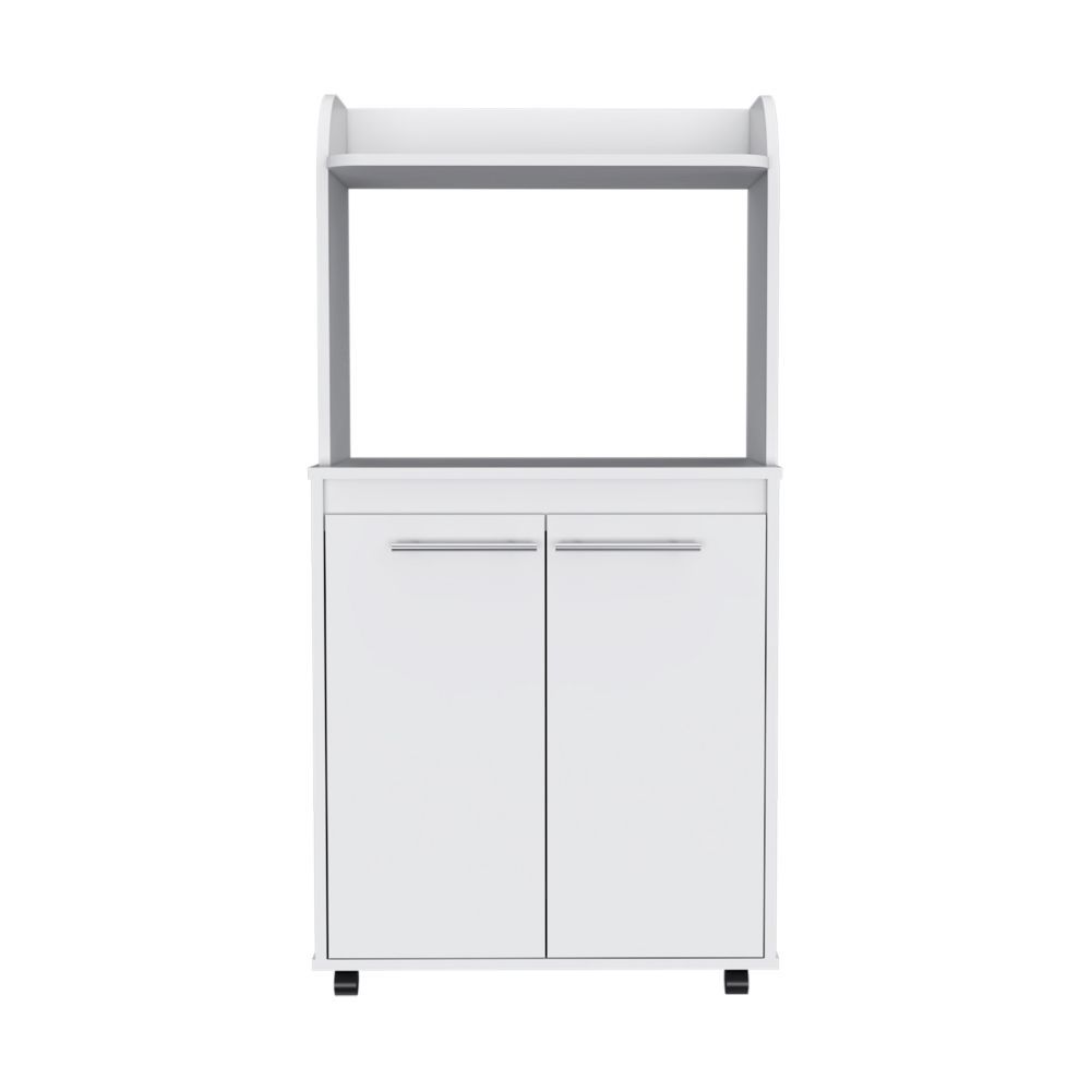 Kitchen Cart Totti, Double Door Cabinet, One Open Shelf, Two Interior Shelves, White Finish White Particle Board