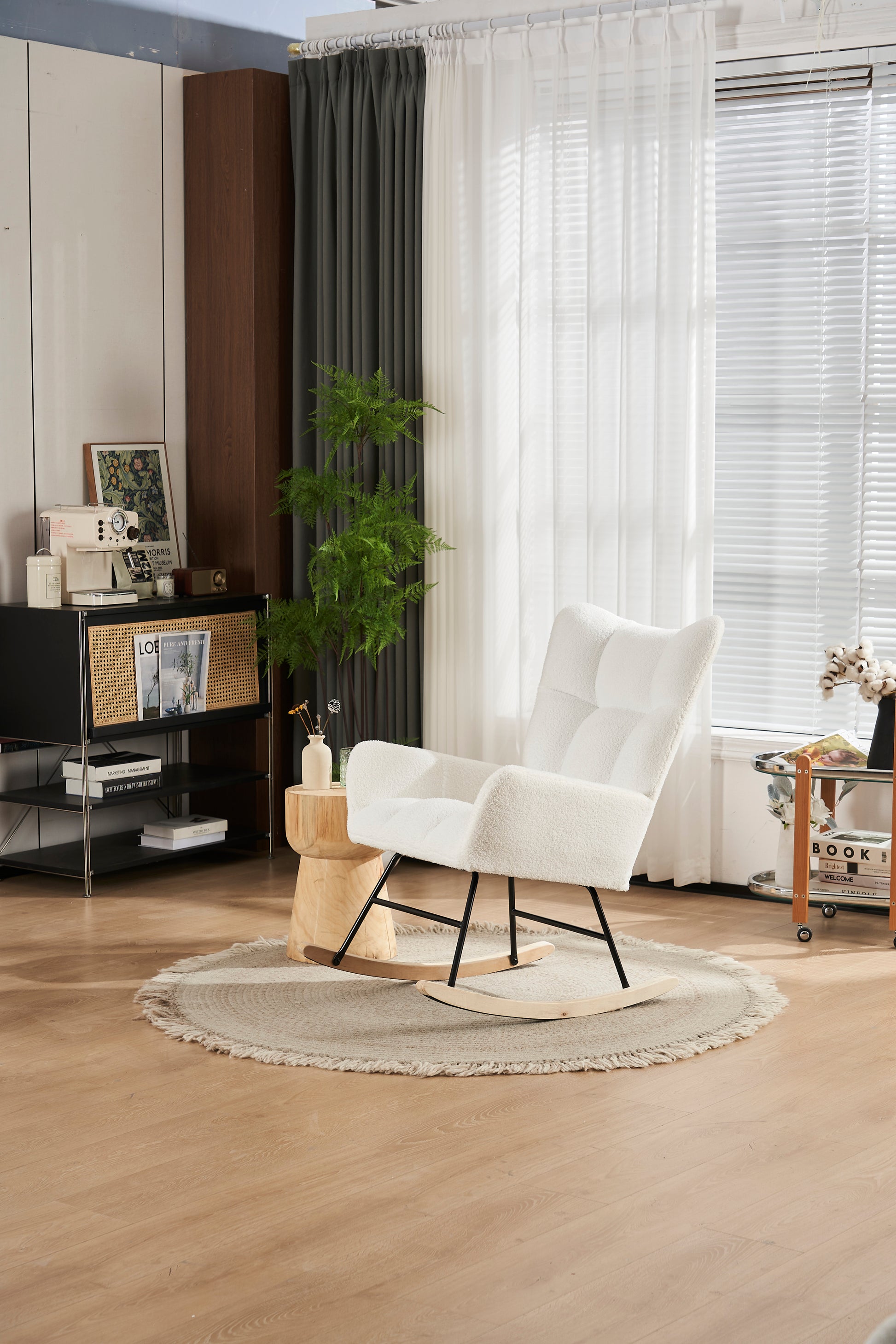 Rocking Chair Nursery, Solid Wood Legs Reading Chair With Teddy Fabric Upholsterednap Armchair For Living Rooms, Bedrooms, Offices, Best Gift,White Teddy Fabric White Primary Living Space Modern Rocking Chairs Polyester