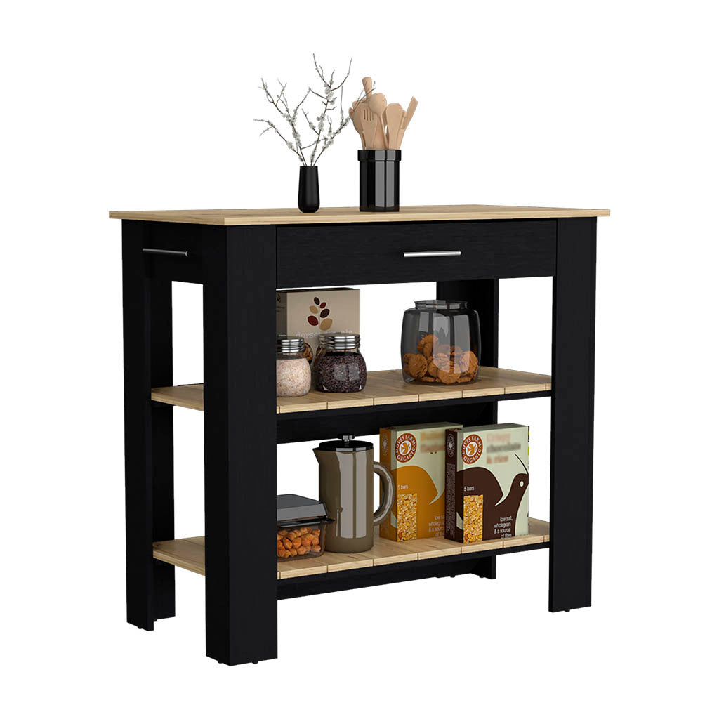 Kitchen Island 40 Inches Dozza, Two Shelves, Black Wengue Light Oak Finish Light Oak Particle Board