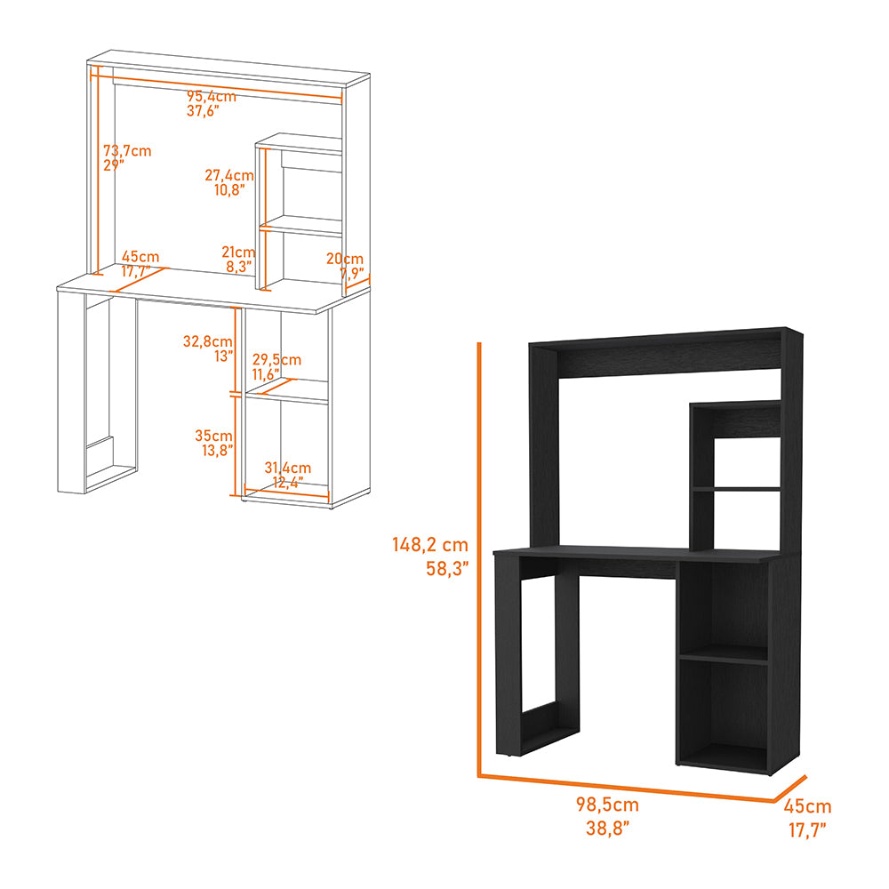 Desk Ryndon, Hutch, Black Wengue Finish Black Particle Board