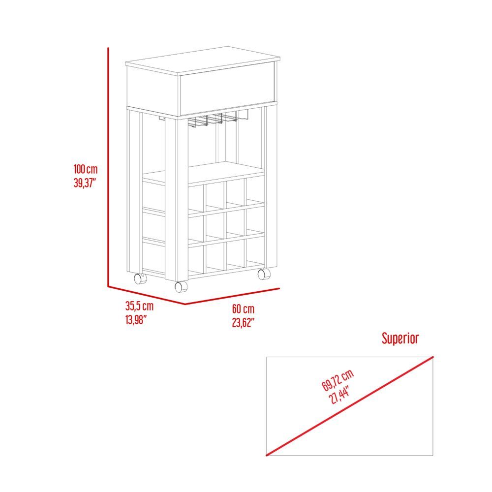 Bar Cart Bayamon, Twelve Wine Cubbies, Four Legs, Carbon Espresso Finish Espresso Particle Board