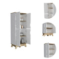 Double Kitchen Pantry Wallas, Double Door, Four Legs, Four Shelves, Light Oak White Finish Light Oak Particle Board