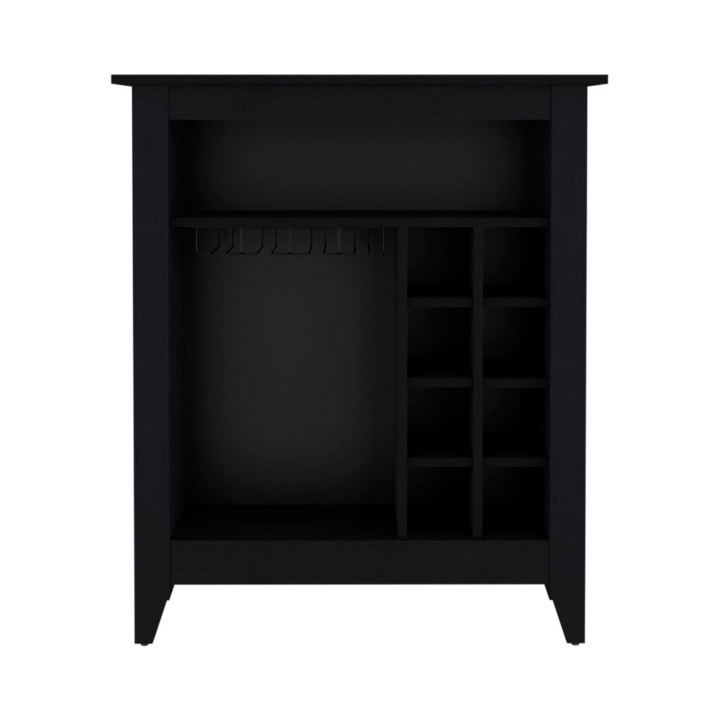 Bar Cabinet Castle, One Open Shelf, Six Wine Cubbies, Black Wengue Finish Black Particle Board