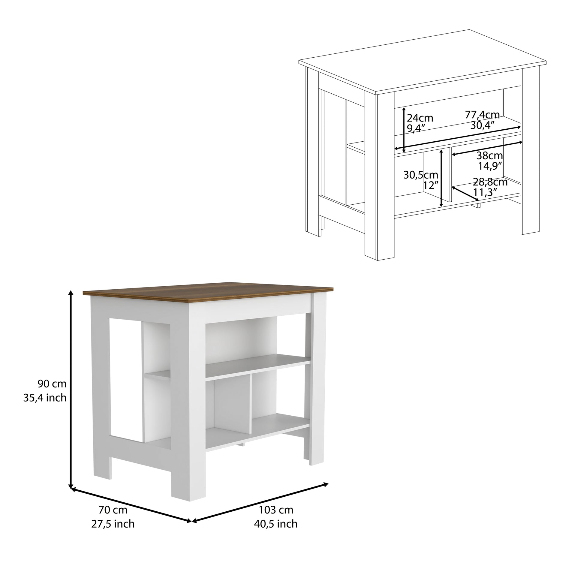 Kitchen Island Dozza, Three Shelves, White Walnut Finish White Walnut Particle Board