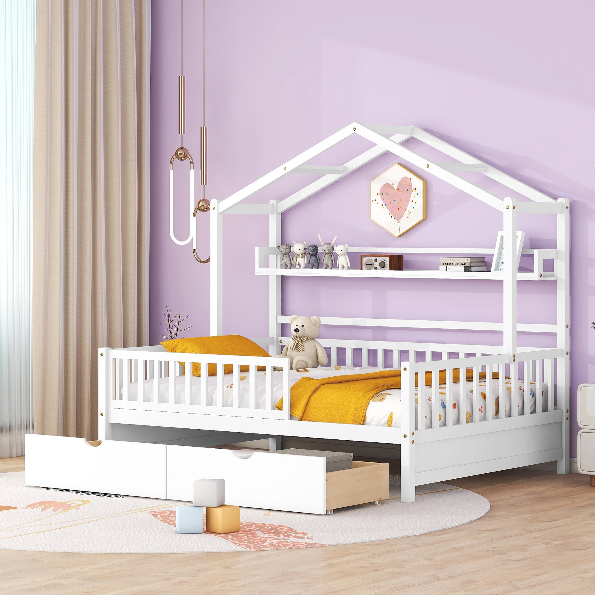 Wooden Full Size House Bed With 2 Drawers,Kids Bed With Storage Shelf, White White Wood