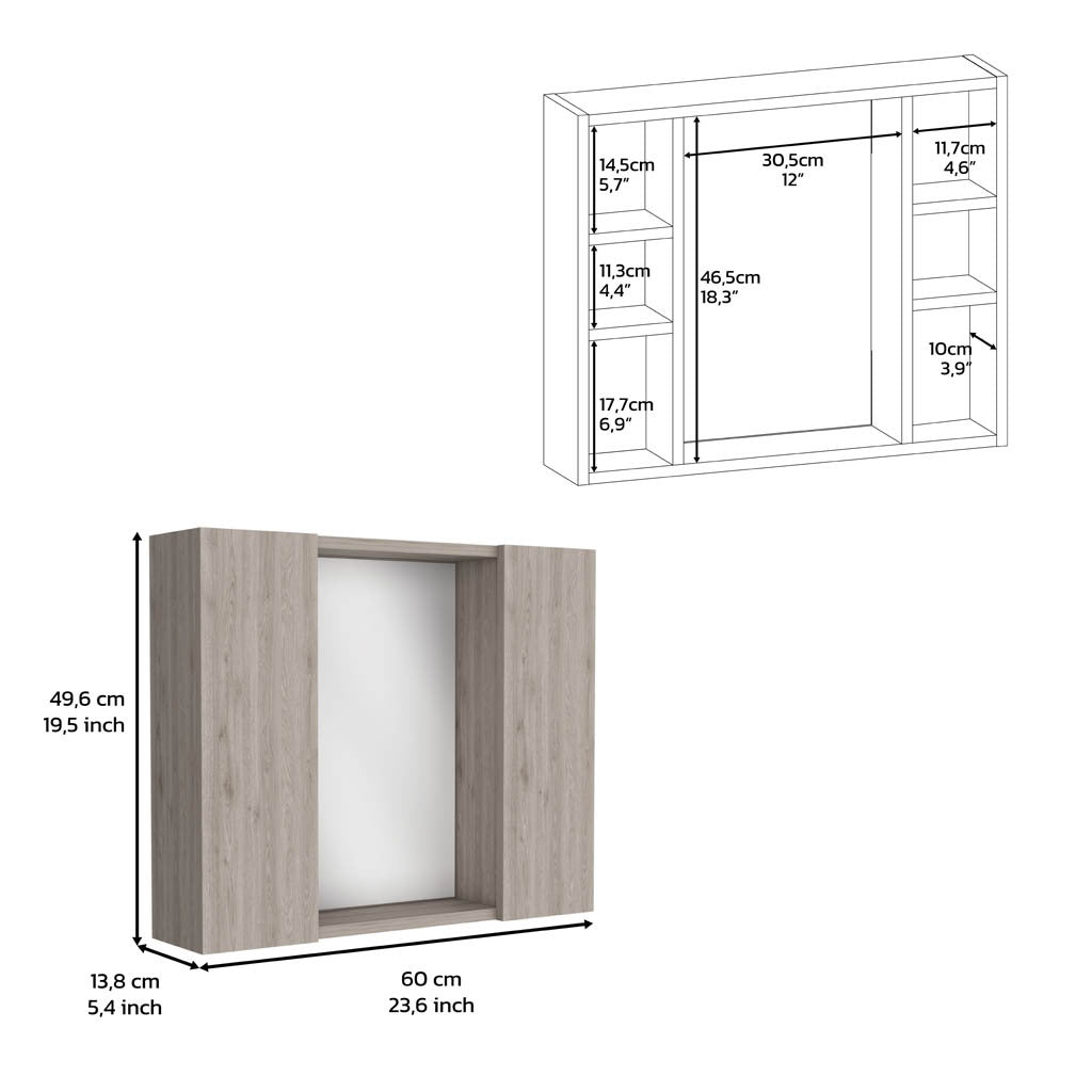 Medicine Cabinet Hops, Double Door, Mirror, One External Shelf, Light Gray Finish Light Gray Particle Board