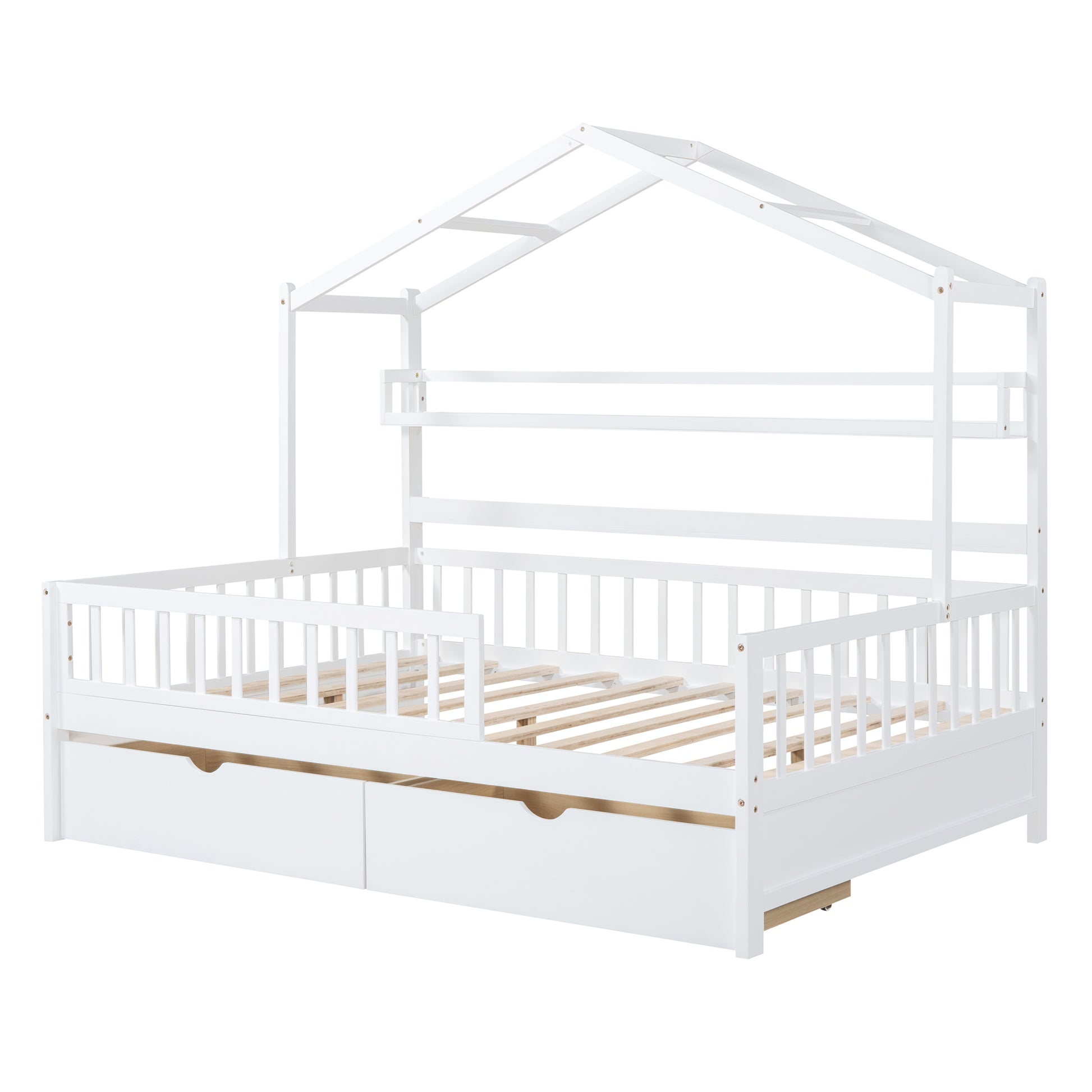 Wooden Full Size House Bed With 2 Drawers,Kids Bed With Storage Shelf, White White Wood