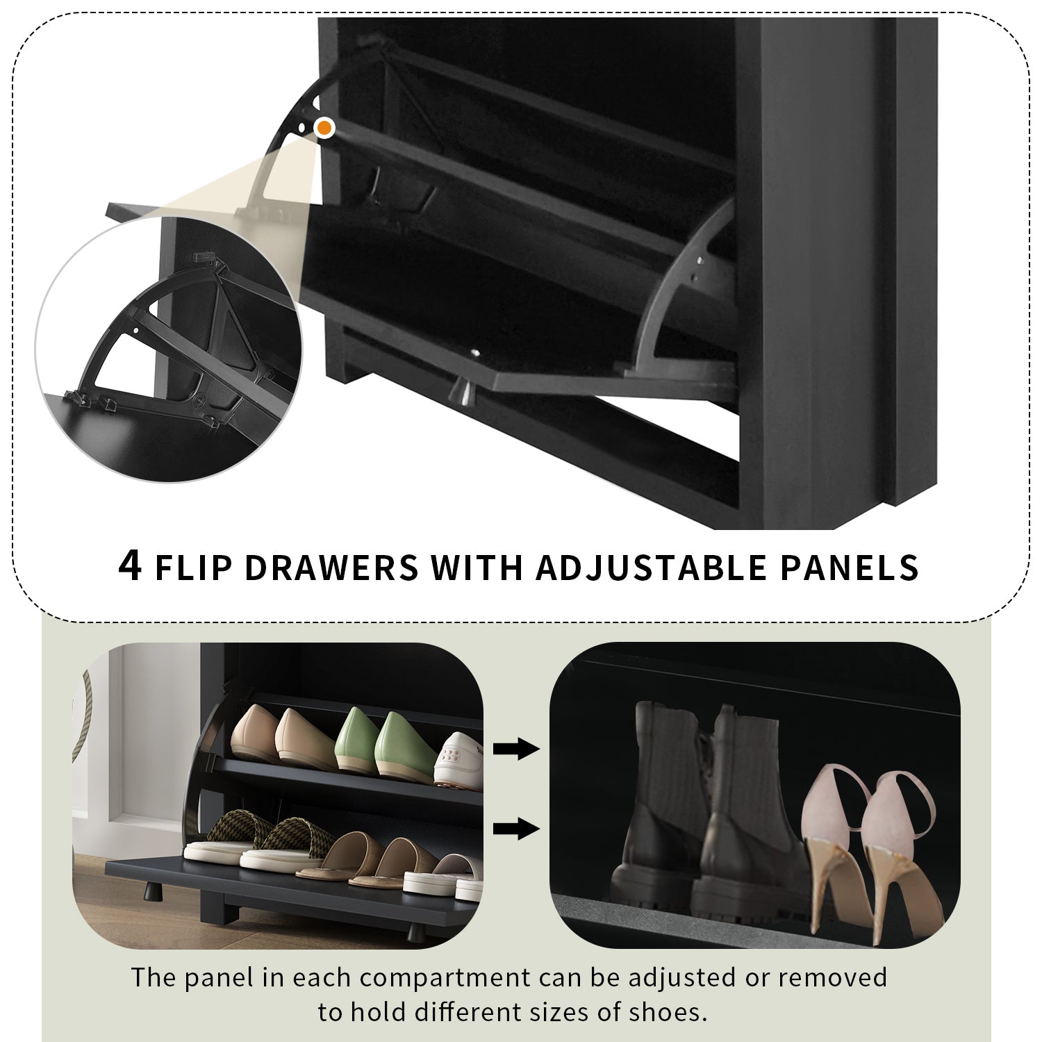 Slim Tipping Bucket Shoe Cabinet Set With 4 Flip Drawers, Wood Grain Pattern Top Shoe Storage Solution With Adjustable Panel, Modern Style Shoe Rack With Drawers For Hallway, Black 5 Or More Drawers