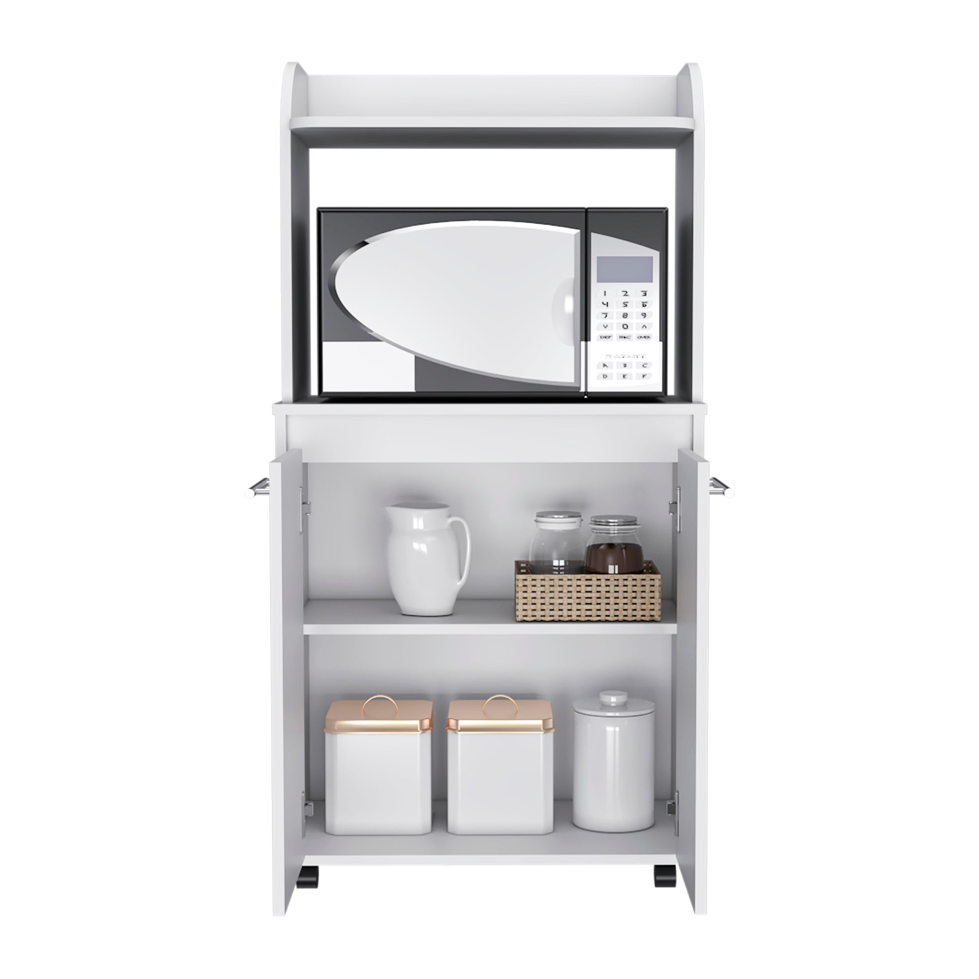 Kitchen Cart Totti, Double Door Cabinet, One Open Shelf, Two Interior Shelves, White Finish White Particle Board