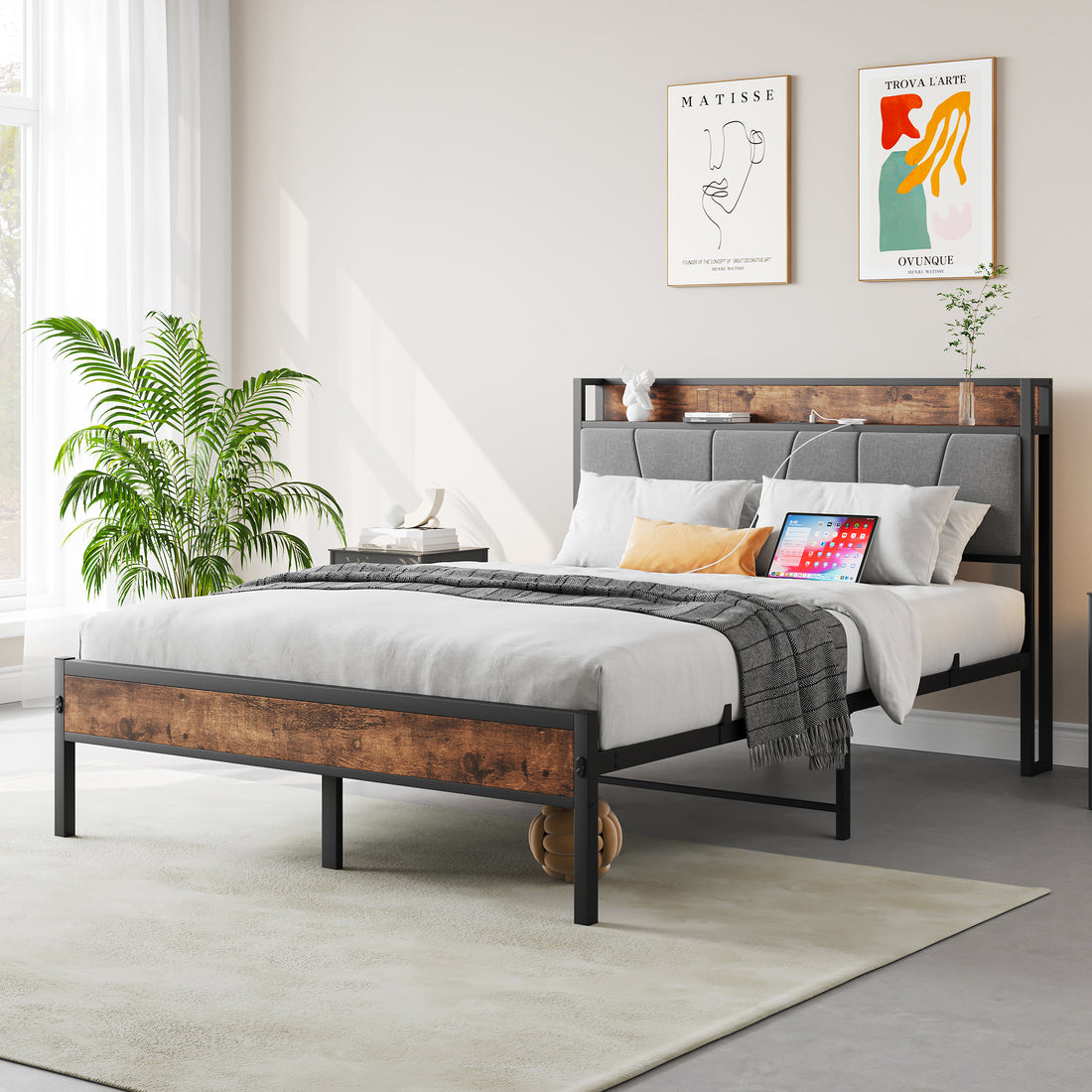 Full Size Bed Frame, Storage Headboard With Charging Station, Solid And Stable, Noise Free, No Box Spring Needed, Easy Assembly,Vintage Brown And Gray Box Spring Not Required Full Black Iron Brown Bedroom Bed Frame Metal & Wood