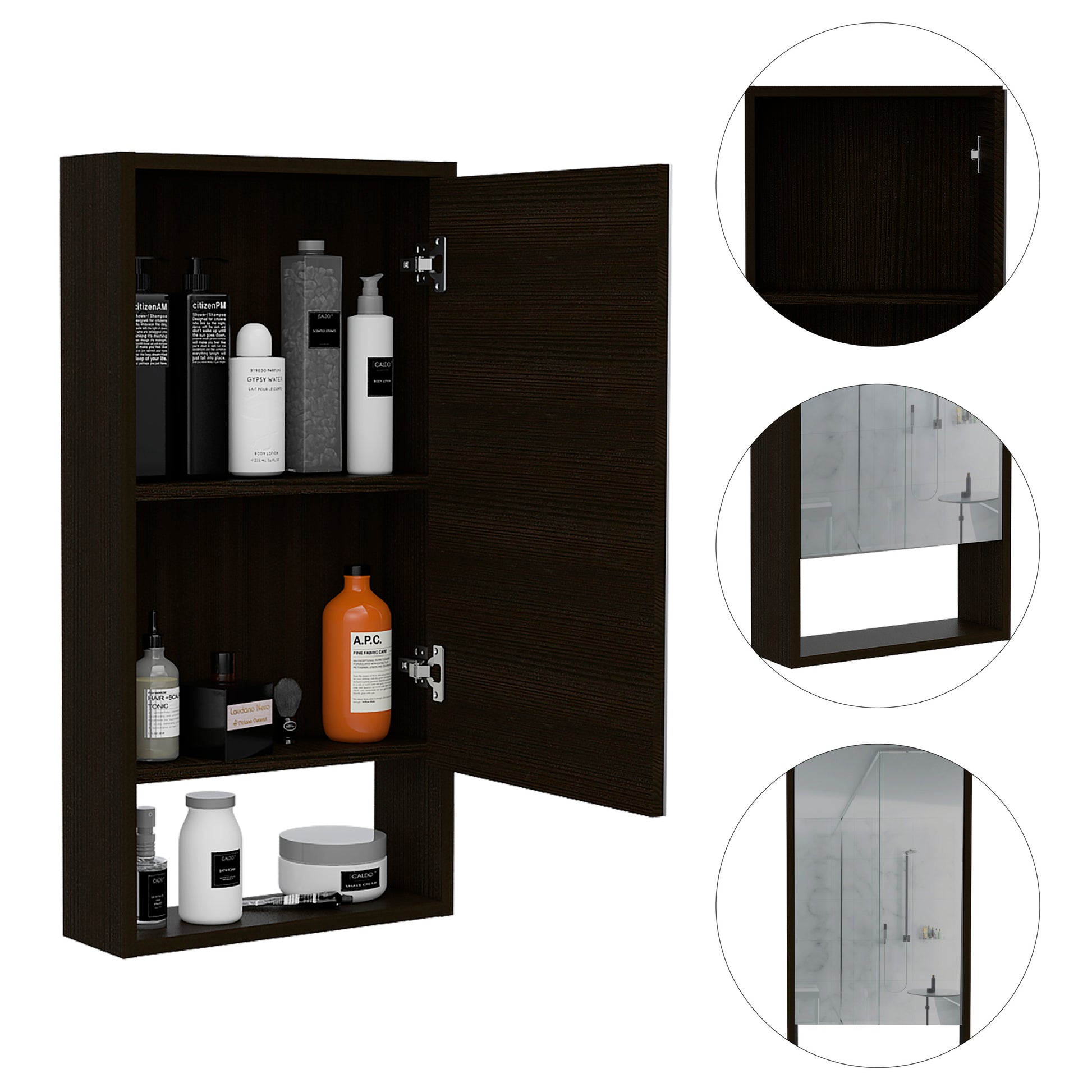 Medicine Cabinet Irvine, One External Shelf, Black Wengue Finish Black Particle Board