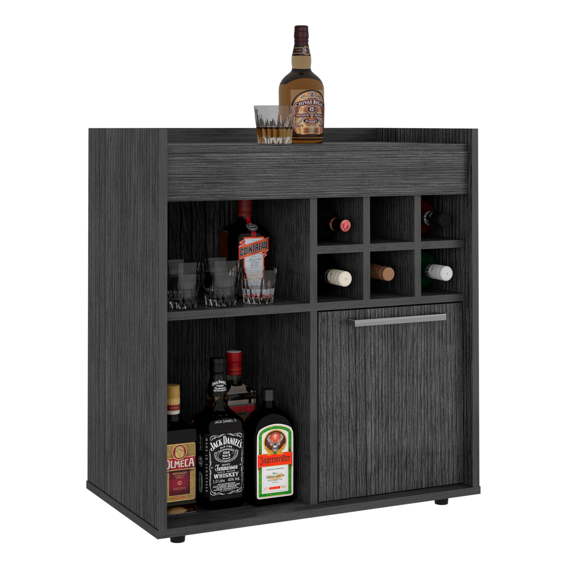 Bar Cabinet Dext, Two Concealed Shelves, Six Wine Cubbies, Light Gray Finish Light Gray Particle Board