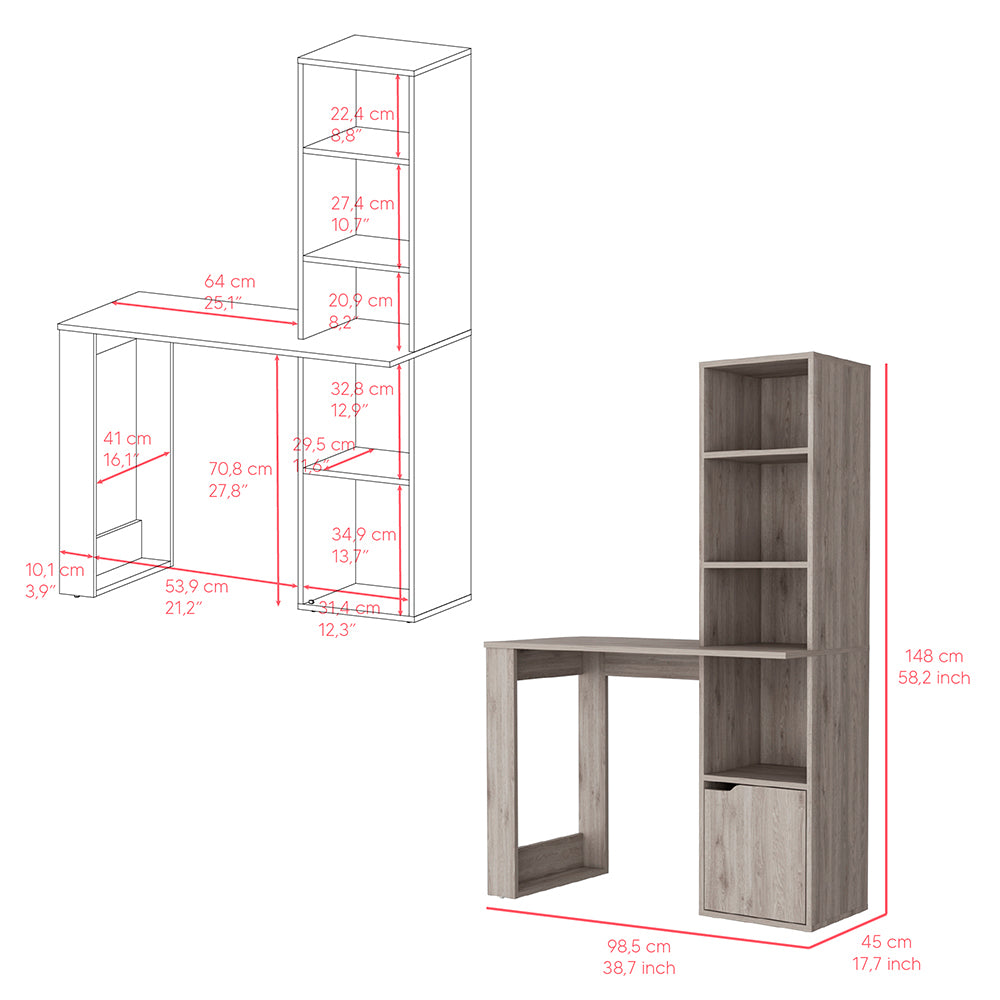 Computer Desk With Single Door Cabinet And 4 Tier Shelf Bicknell, Light Gray Finish Light Gray Particle Board