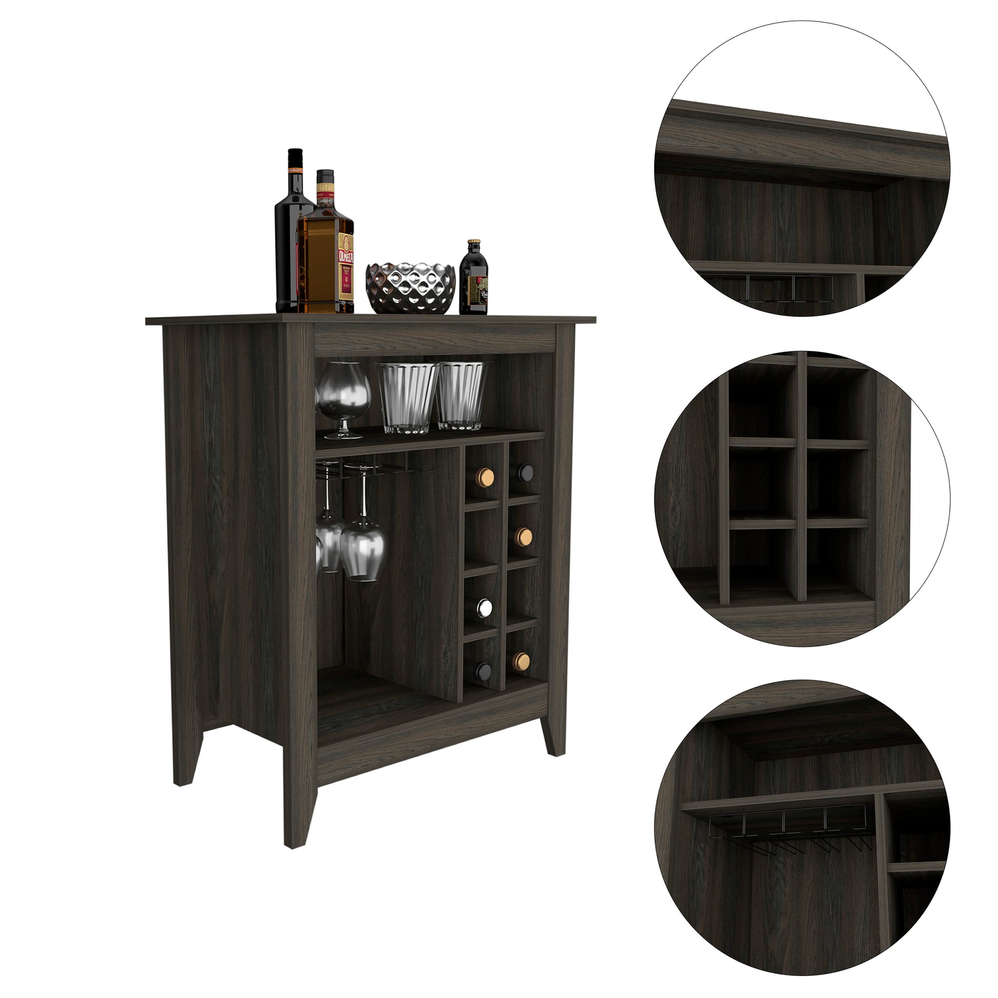 Bar Cabinet Castle, One Open Shelf, Six Wine Cubbies, Carbon Espresso Finish Espresso Particle Board