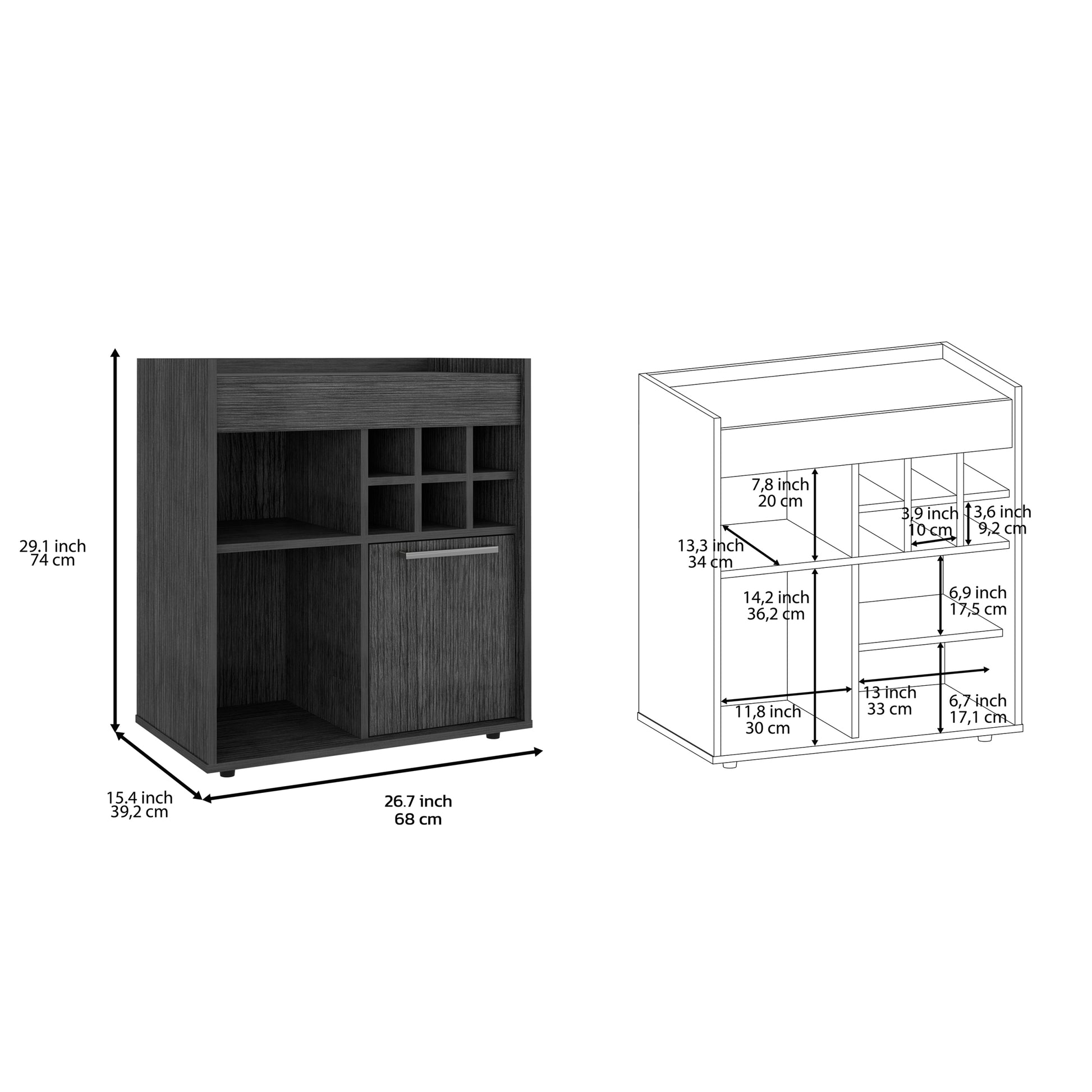 Bar Cabinet Dext, Two Concealed Shelves, Six Wine Cubbies, Light Gray Finish Light Gray Particle Board