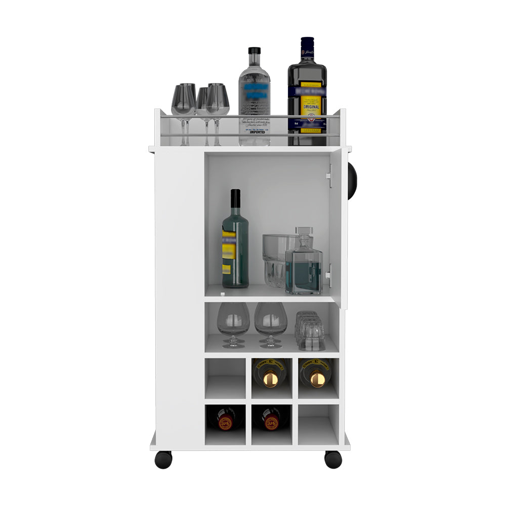 Bar Cart With Casters Reese, Six Wine Cubbies And Single Door, White Finish White Particle Board