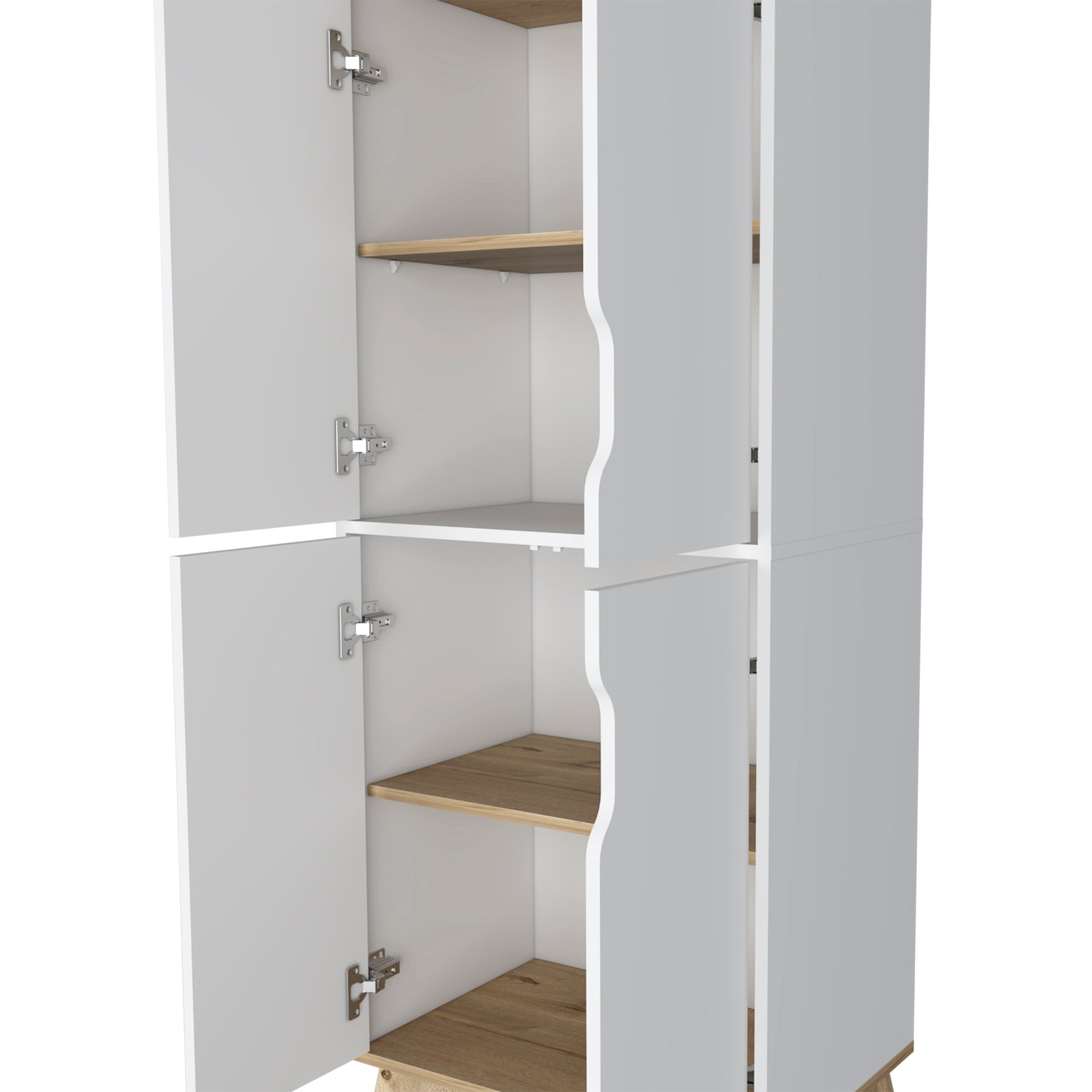 Double Kitchen Pantry Wallas, Double Door, Four Legs, Four Shelves, Light Oak White Finish Light Oak Particle Board