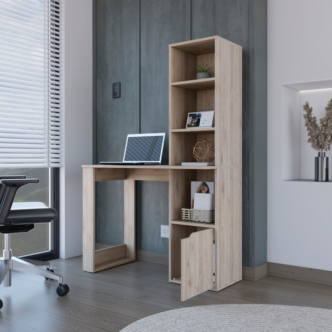 Computer Desk With Single Door Cabinet And 4 Tier Shelf Bicknell, Light Gray Finish Light Gray Particle Board