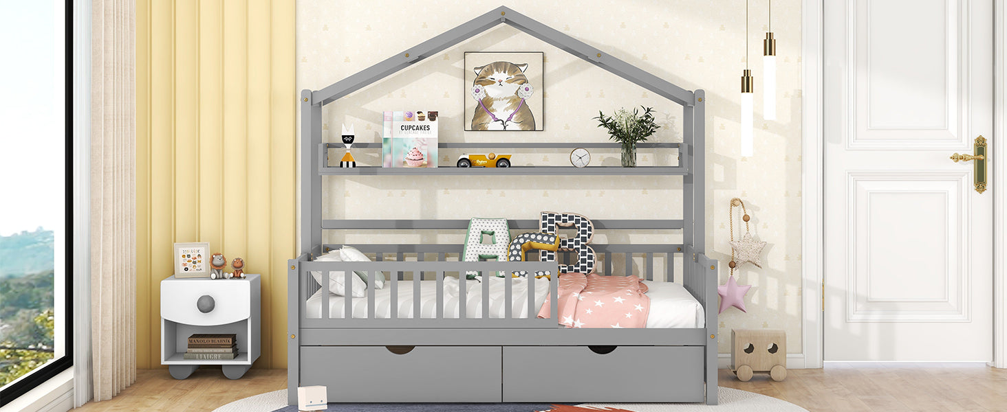 Wooden Twin Size House Bed With 2 Drawers,Kids Bed With Storage Shelf, Gray Gray Wood