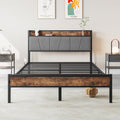 Full Size Bed Frame, Storage Headboard With Charging Station, Solid And Stable, Noise Free, No Box Spring Needed, Easy Assembly,Vintage Brown And Gray Box Spring Not Required Full Black Iron Brown Bedroom Bed Frame Metal & Wood