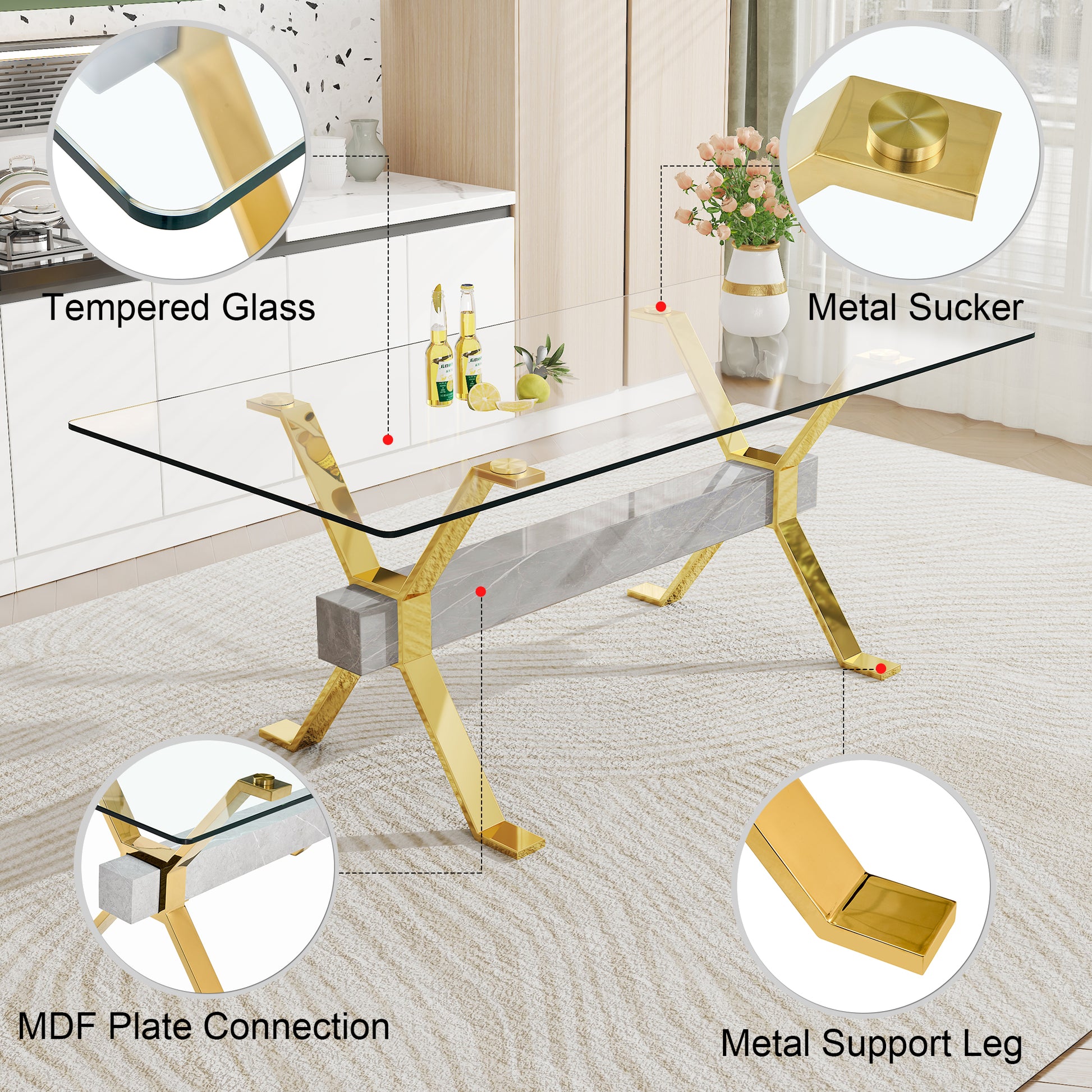 1 Table And 6 Chairs. Modern, Simple And Luxurious Tempered Glass Rectangular Dining Table And Desk With 6 White Pu Gold Plated Leg Chairs 79''X39''X30'' Transparent Glass