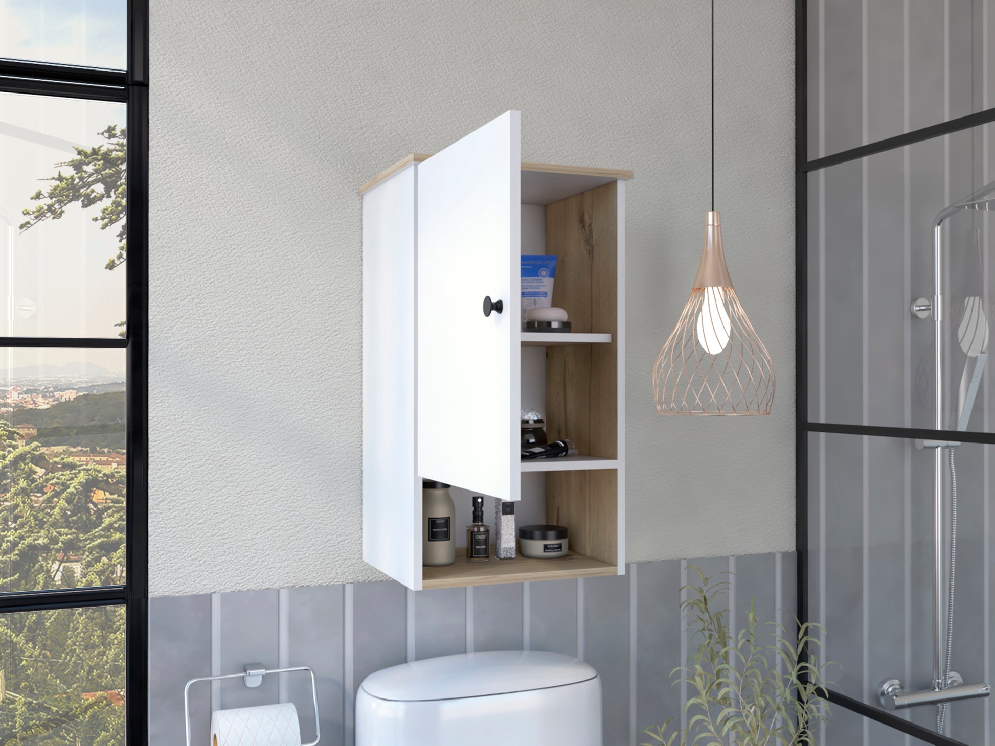Medicine Cabinet Porto, Two Internal Shelves, Light Oak White Finish Light Oak Particle Board