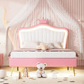 Full Size Upholstered Bed Frame With Led Lights,Modern Upholstered Princess Bed With Crown Headboard,White Pink Full White Pink Pu