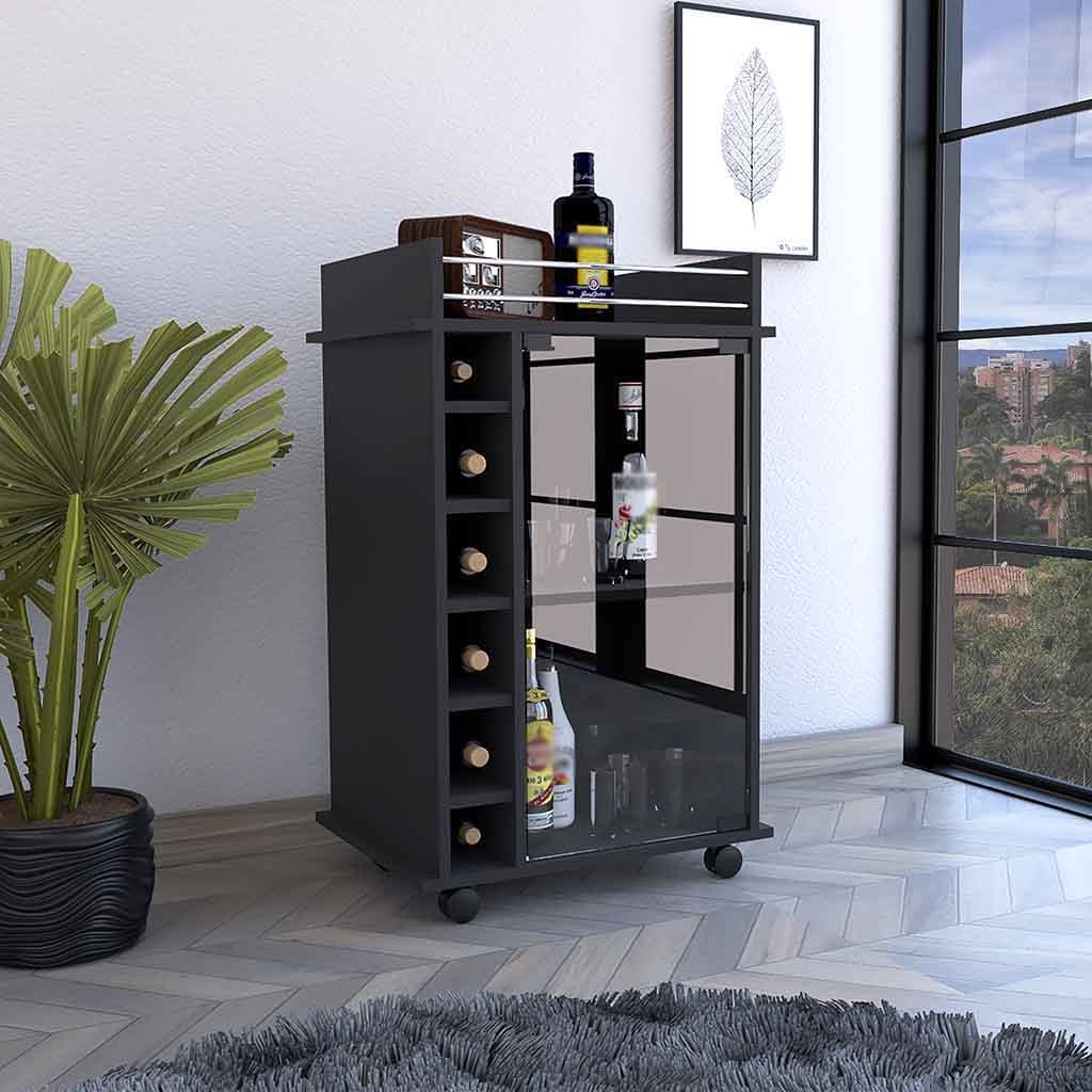 Bar Cart Baltimore, Two Tier Cabinet With Glass Door, Six Wine Cubbies, Black Wengue Finish Black Particle Board