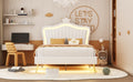 Full Size Upholstered Bed Frame With Led Lights,Modern Upholstered Princess Bed With Crown Headboard,White Full White Pu