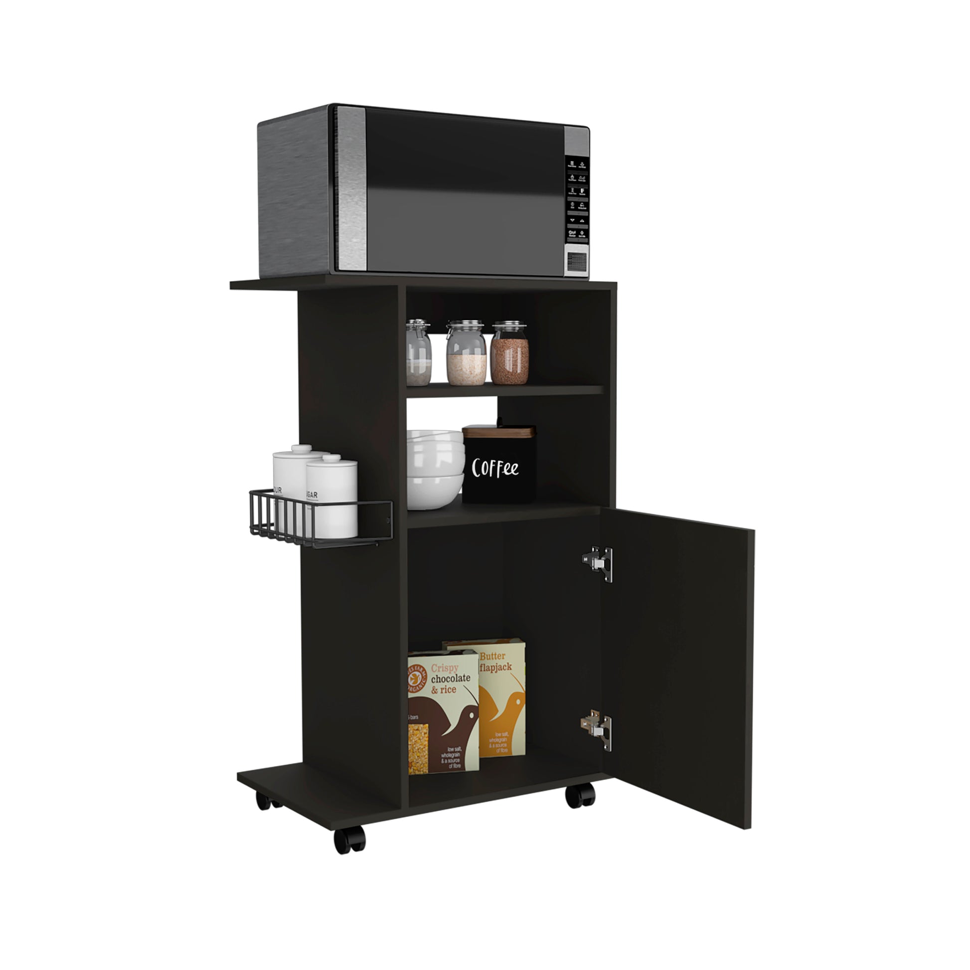 Kitchen Cart Kryot, Single Door Cabinet, Four Casters, Black Wengue Finish Black Particle Board