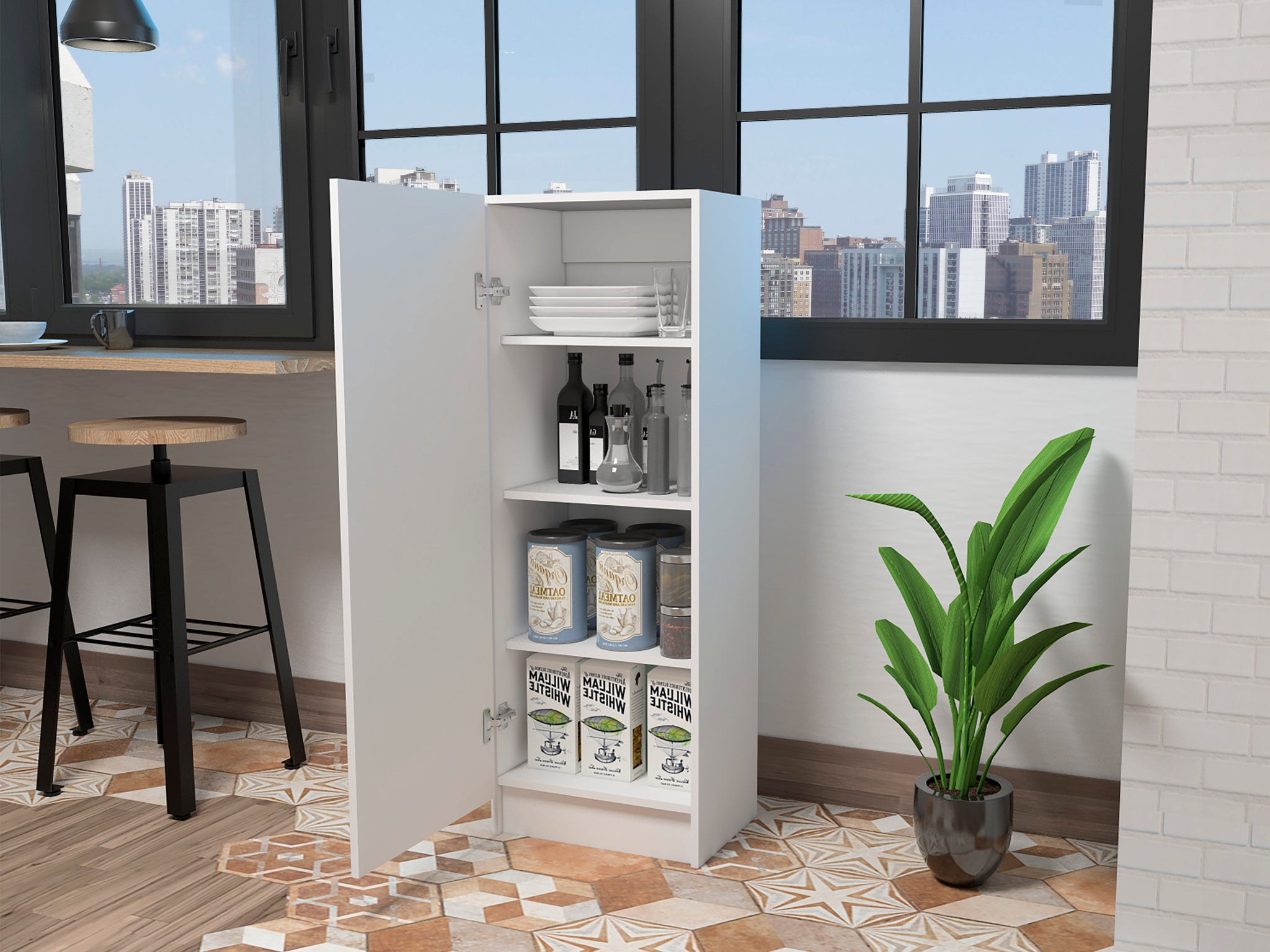 Pantry Miami, Single Door Cabinet, White Finish White Particle Board