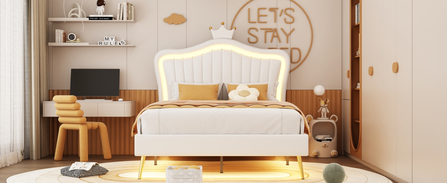 Full Size Upholstered Bed Frame With Led Lights,Modern Upholstered Princess Bed With Crown Headboard,White Full White Pu