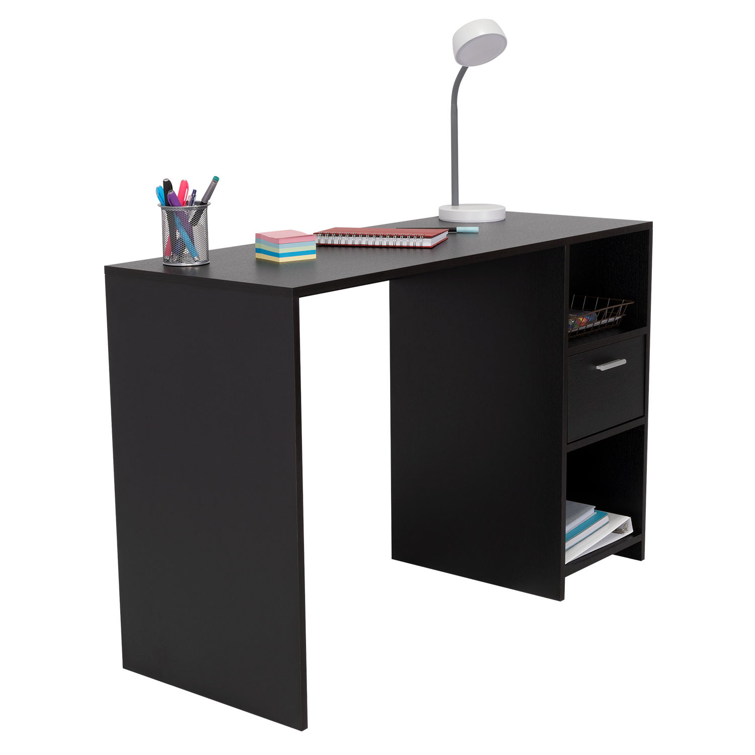 Computer Desk Odessa With Single Drawer And Open Storage Cabinets, Black Wengue Finish Black Particle Board