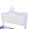 Full Size Upholstered Bed Frame With Led Lights,Modern Upholstered Princess Bed With Crown Headboard,White Full White Pu