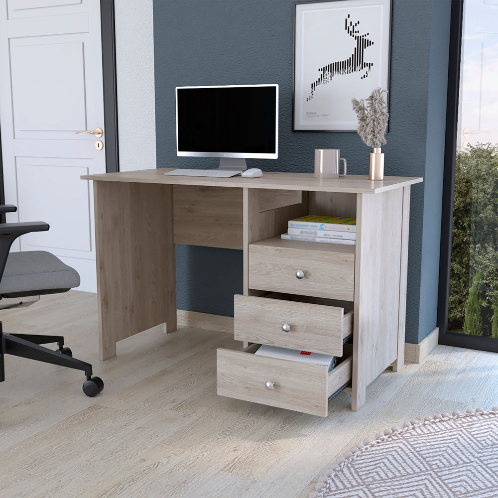 Writing Desk Brentwood With Three Drawers And Open Storage Shelf, Light Gray Finish Light Gray Particle Board