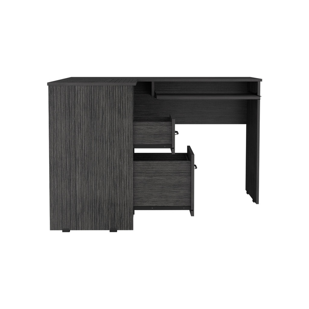 L Shaped Desk Bradford, Keyboard Shelf, Smokey Oak Finish Gray Particle Board