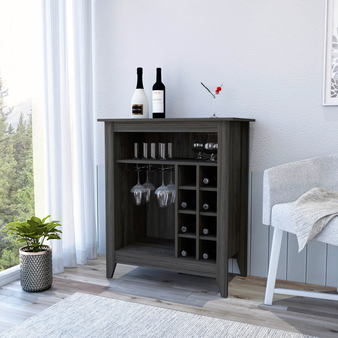 Bar Cabinet Castle, One Open Shelf, Six Wine Cubbies, Carbon Espresso Finish Espresso Particle Board