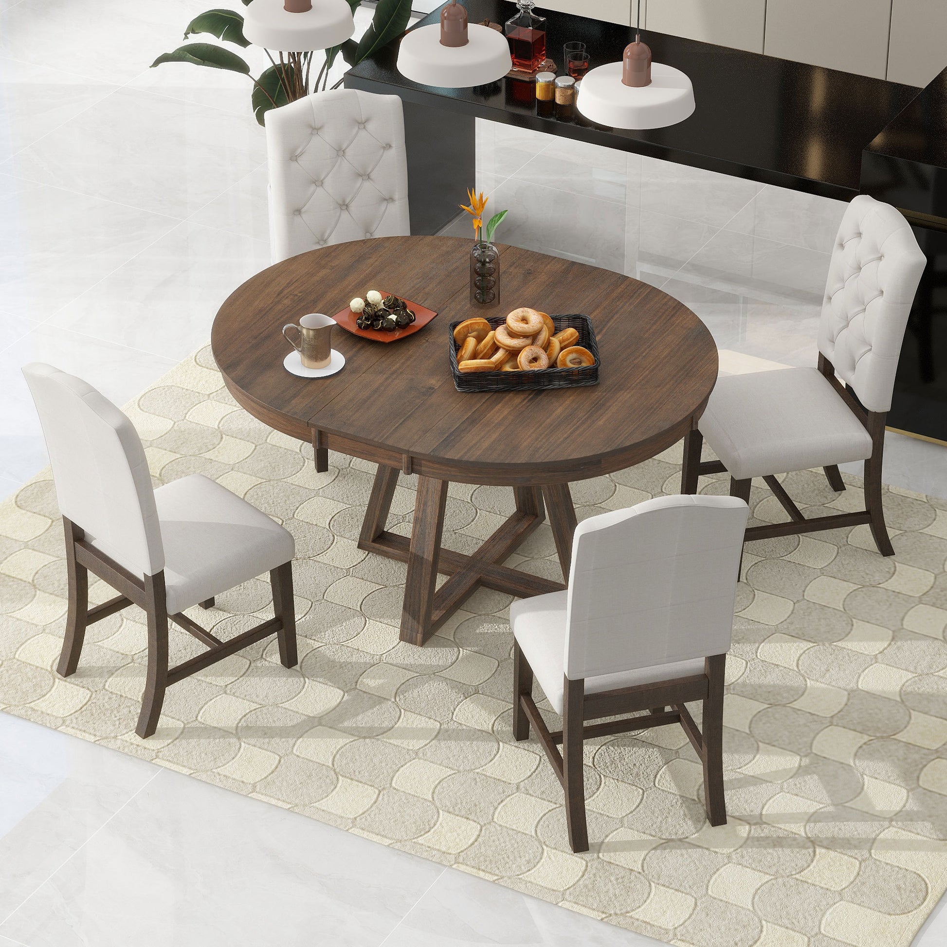 5 Piece Retro Functional Dining Set, Round Table With A 16"W Leaf And 4 Upholstered Chairs For Dining Room And Living Room Walnut Walnut Solid Wood