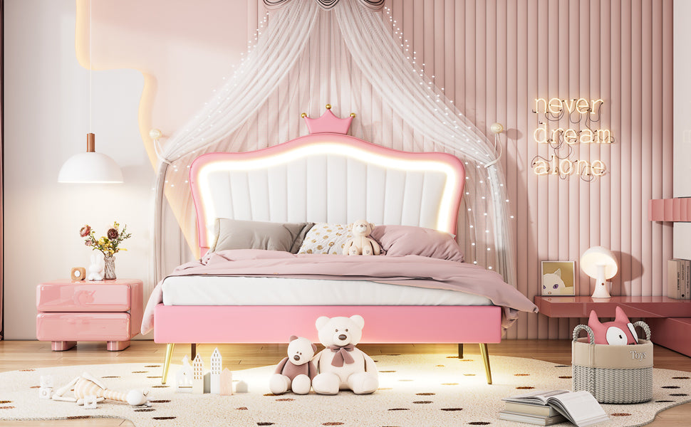 Queen Size Upholstered Bed Frame With Led Lights,Modern Upholstered Princess Bed With Crown Headboard,White Pink Queen White Pink Pu