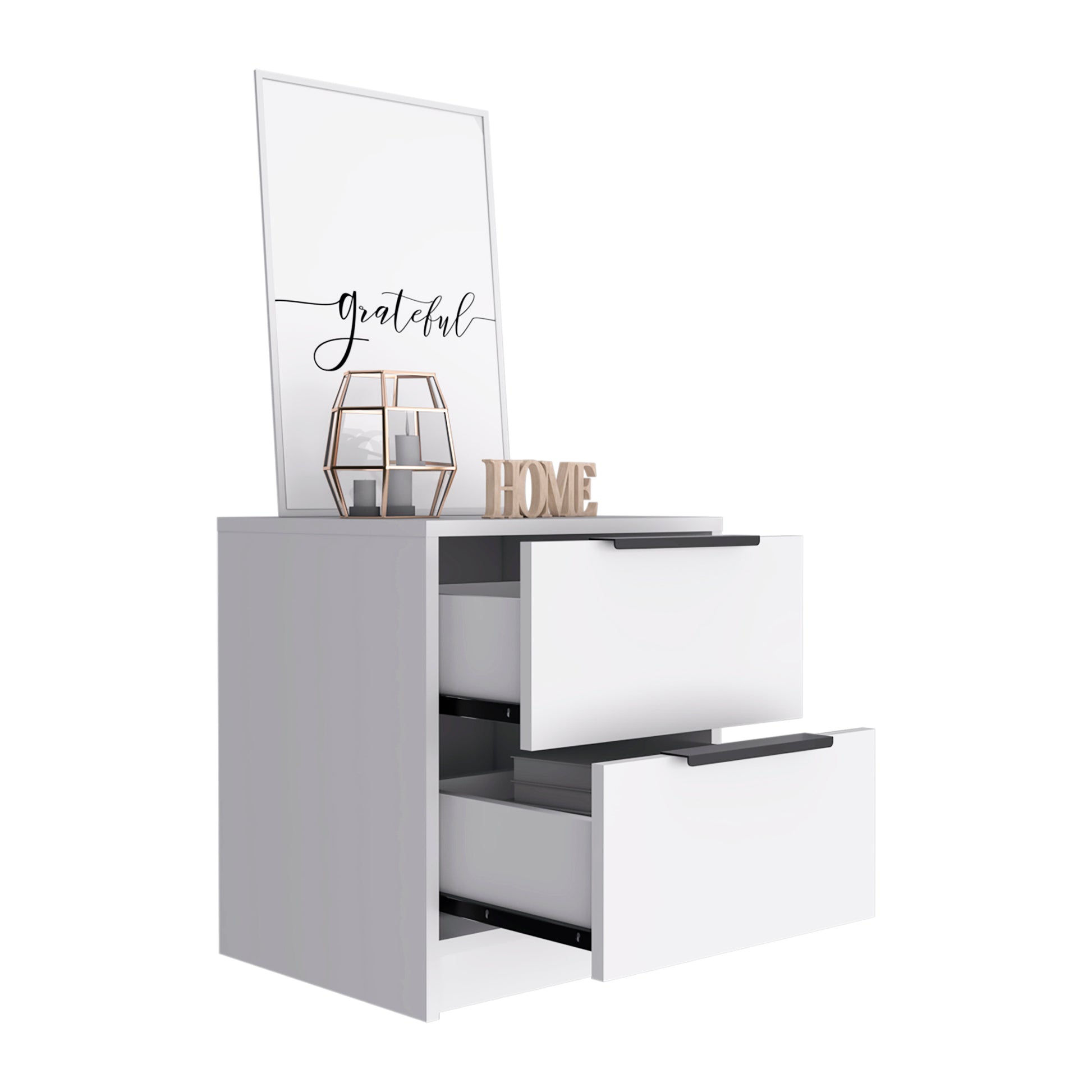 Nightstand Cervants, Two Drawers, Metal Handle, White Finish White Particle Board