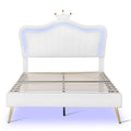 Full Size Upholstered Bed Frame With Led Lights,Modern Upholstered Princess Bed With Crown Headboard,White Full White Pu