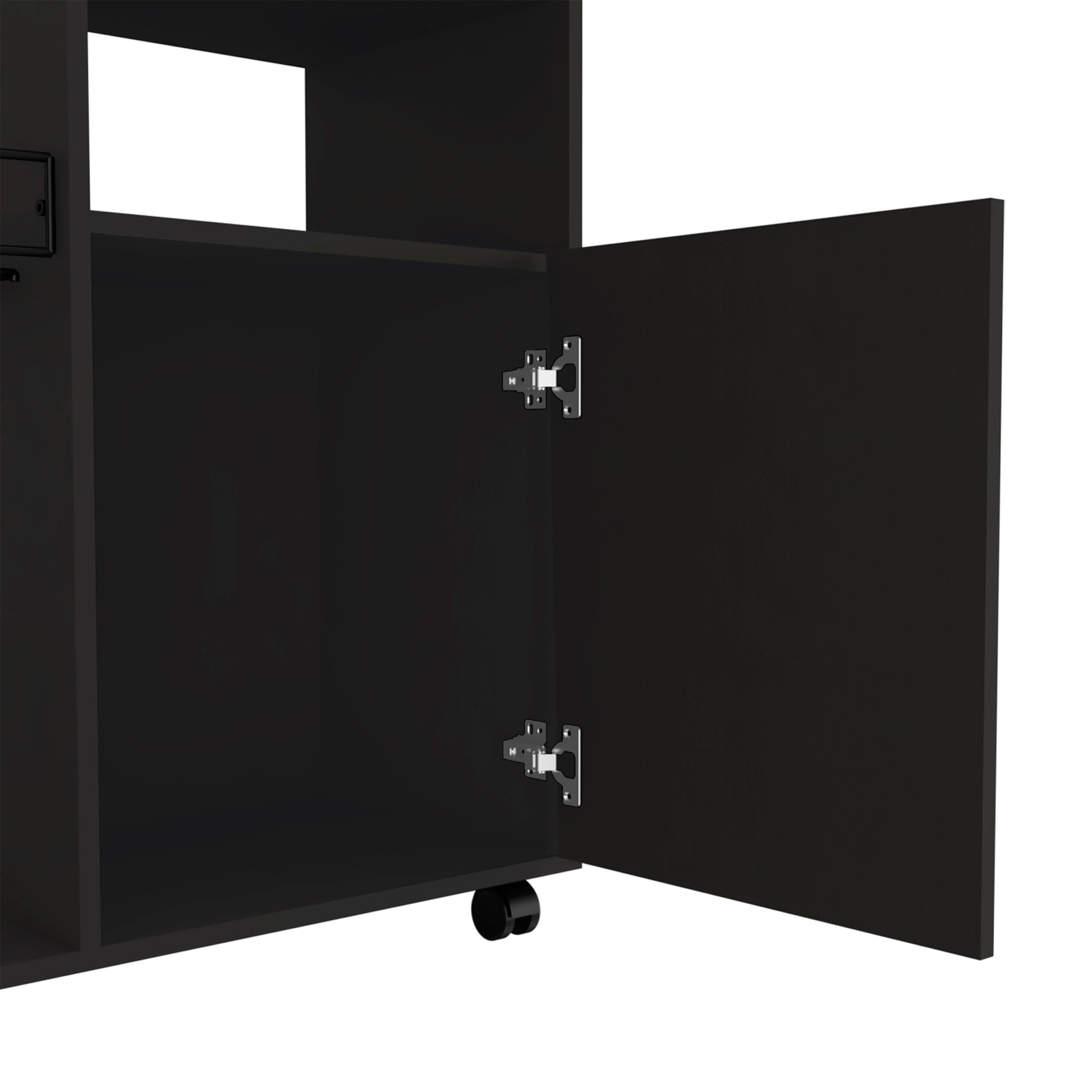 Kitchen Cart Kryot, Single Door Cabinet, Four Casters, Black Wengue Finish Black Particle Board