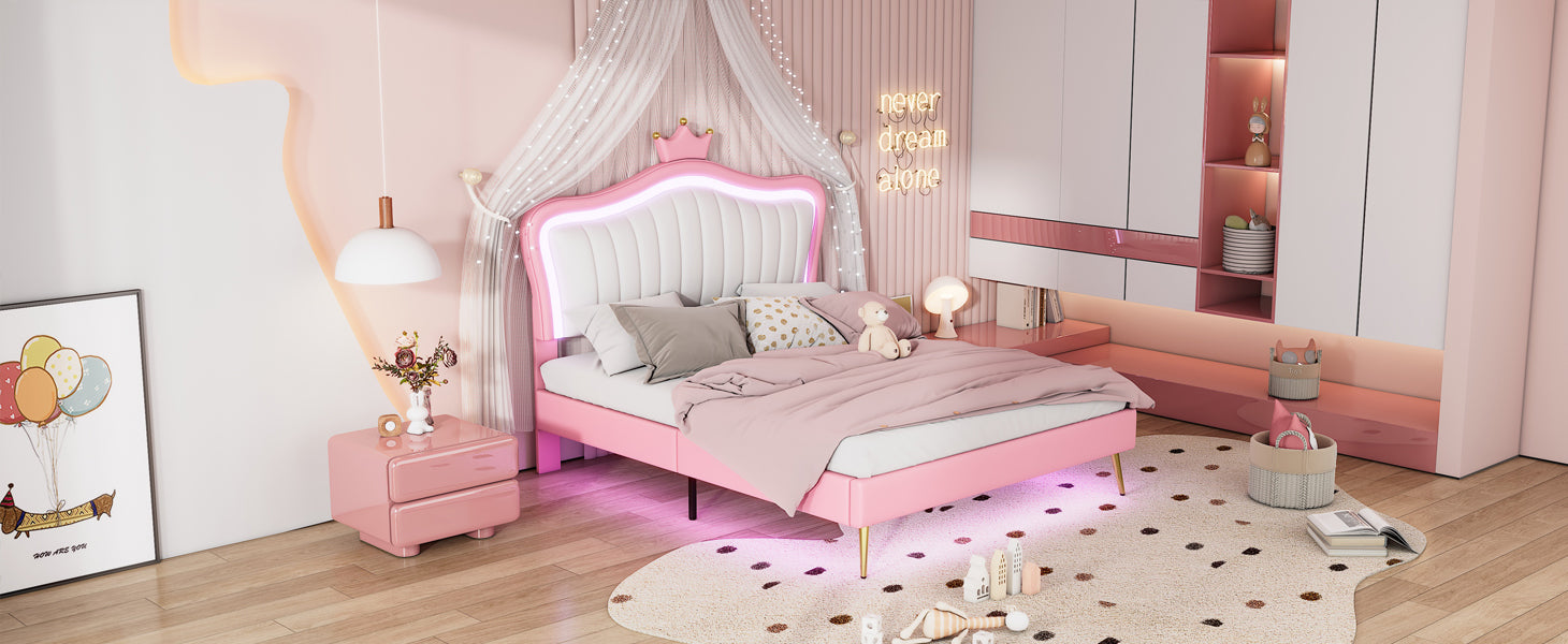 Full Size Upholstered Bed Frame With Led Lights,Modern Upholstered Princess Bed With Crown Headboard,White Pink Full White Pink Pu