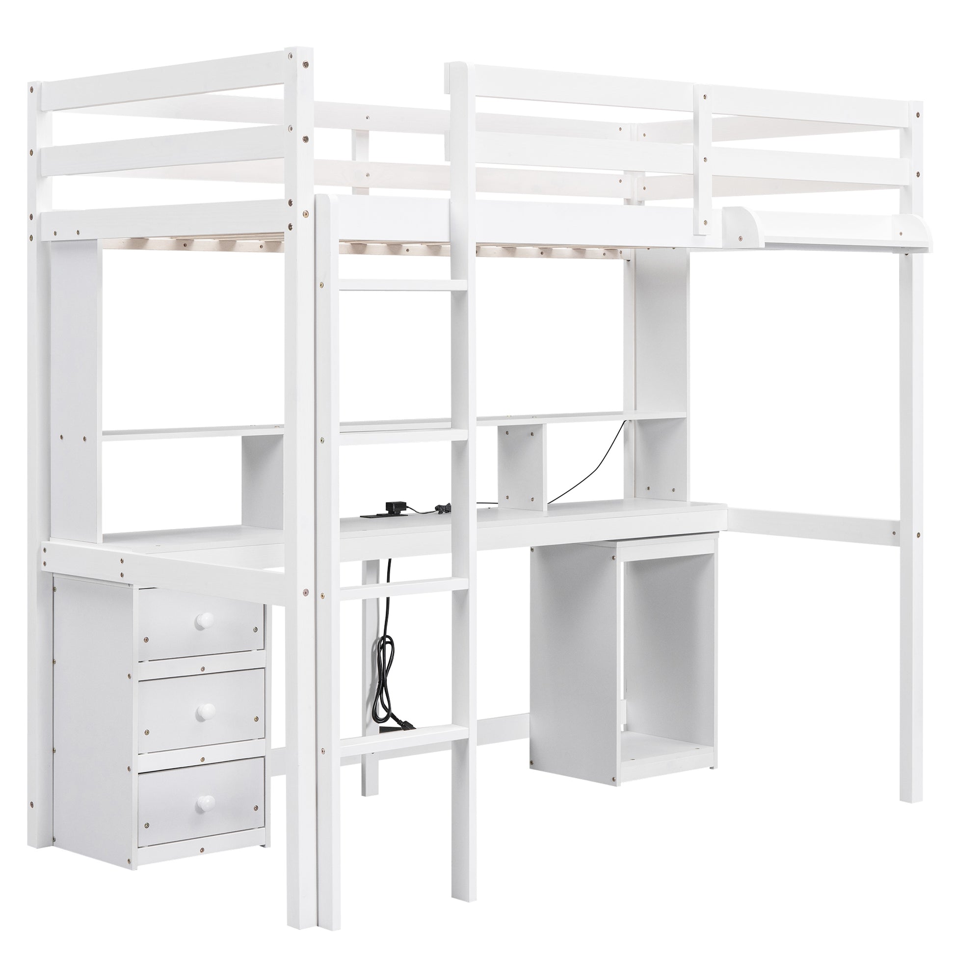 Twin Size Loft Bed With Multi Storage Desk, Led Light And Bedside Tray, Charging Station, White Box Spring Not Required Twin White Wood Bedroom Solid Wood Mdf