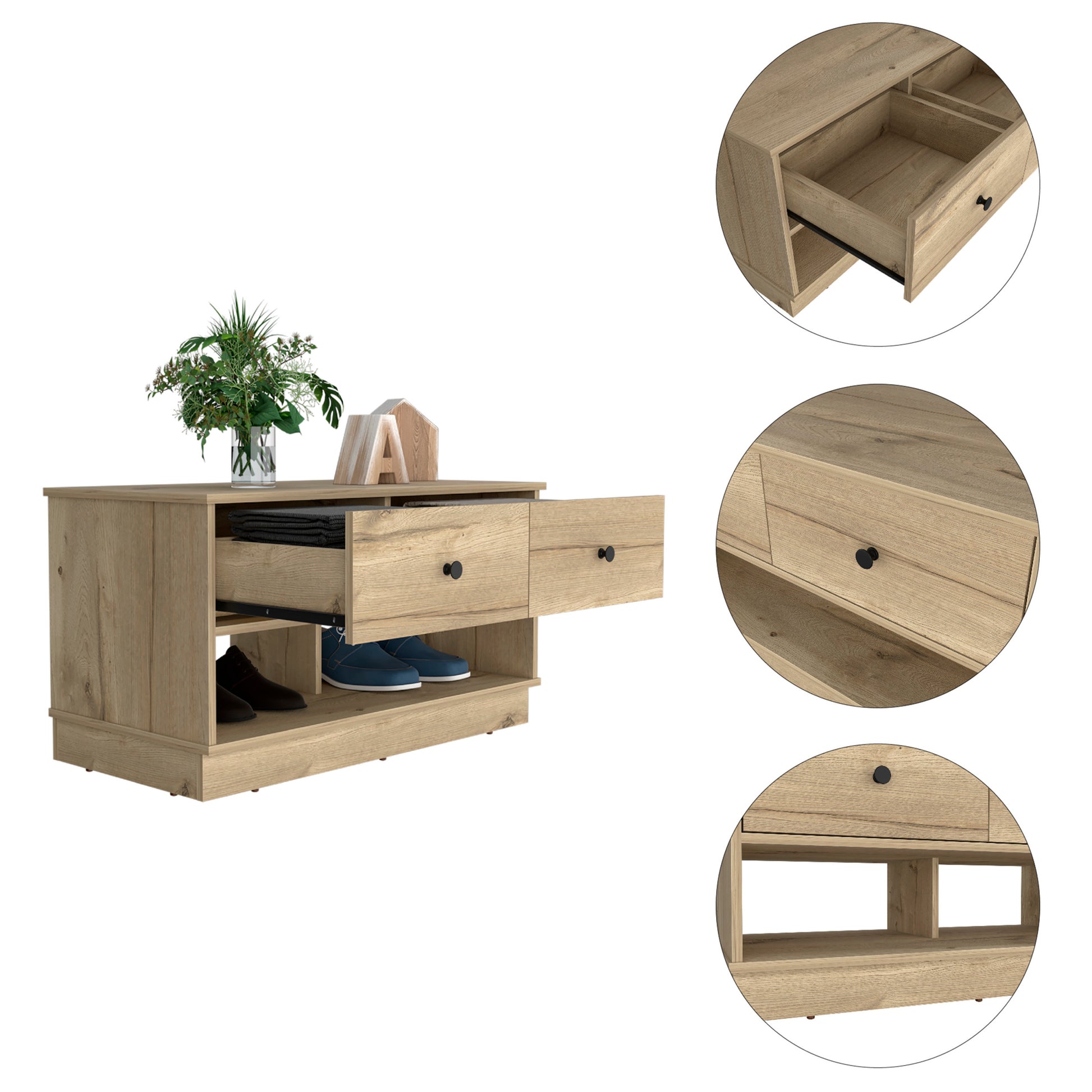 Storage Bench Beji, Lower Shelf, Two Drawers, Light Oak Finish Light Oak Particle Board